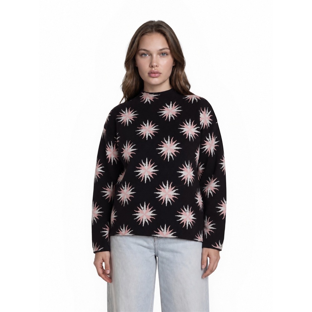 Maeve Anthropologie Sweater Women's Size 1X Black Pink Starburst Mock Pullover